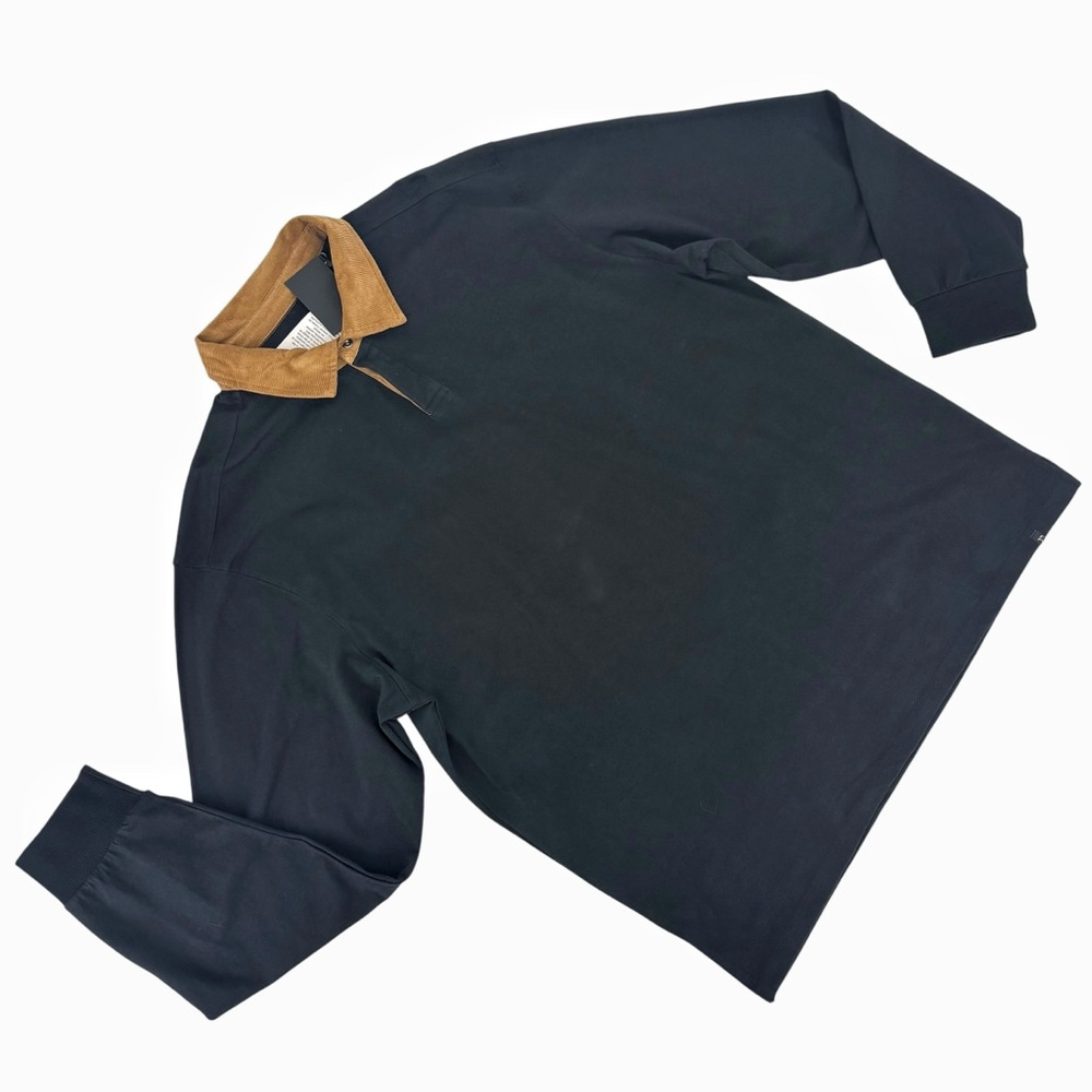 Joe's Jeans NWT Black Long Sleeve Cotton Polo Shirt with Tan Corduroy Collar, XL